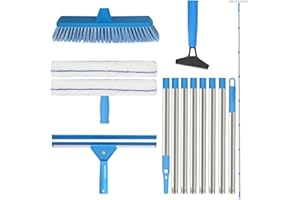 SUZMEI 3M Telescopic Window Cleaning Kit - Extendable Pole with 35cm Squeegee & 38cm Scrubber for Windows, Shower Glass, Car, RV,Glass Cleaning Tools with Silicone Squeegee & Microfiber Scrubber (New blue)