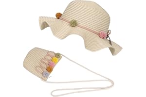 FT-SHOP Sombrero de Paja Niñas Gorra de Sol Chica y Bolsillo Set con Decoracion de Flores Gorro de Playa para Viaje Beach Piscina al Aire Libre