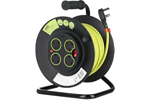 QUALTEX Jegs Four Socket Open Cable Reel Extension Lead with Winding Handle, Thermal Cut Out and Power Switch, 25 Metres High Visibility Green Cable