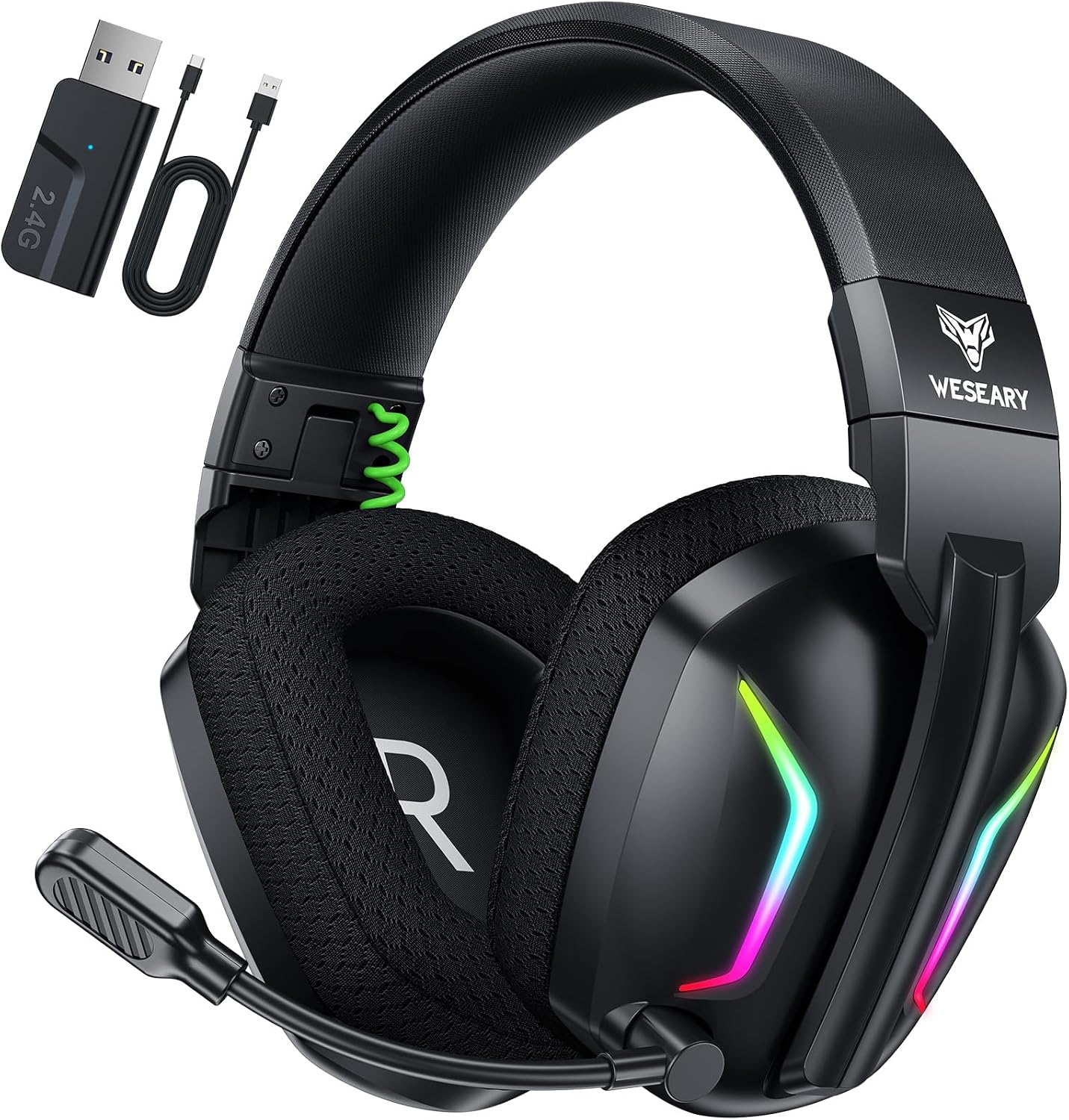 WESEARY Wireless Gaming Headset for PS5, PC, PS4, Switch & Mac, Dual-Mode 2.4GHz & Bluetooth Headset with ENC Noise Cancelling Microphone, 50mm Stereo Drivers,Dynamic LED Lights,Up to 50Hr Playtime