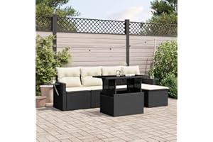 Faroom Sofa Jardin Exterior de Ratán con Mesa de Jardín de Vidrio Ajustable, Muebles Jardin, Muebles de Terraza, Set de Sofás de Comedor de Ratán con Cojines Negro 6 pzas-Type-38