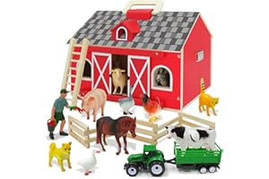 SIMPLIPLAY Farm Animal Toys with Portable Large Wooden Barn for Kids 3+ Years Old, 10 PCS Farm Animal Figurines for Boys, Girls, Animal Lovers, Gift for Kids Toddlers, Improve Fine Motor Skills