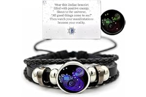 Ashopfun Zodiac Signs Spirit Bracelet,Handmade Woven Multilayer Adjustable 12 Constellation Zodiac PU Leather Bracelets Unisex,Glow in the Dark Zodiac Jewelry Gifts For Women Men