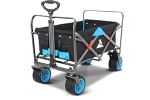 TOPWELL Garden Collapsible Wagon All-terrain Trolley Heavy Duty Foldable Beach Wagon, Capacity of 120 kg Garden Cart (Black/Blue)