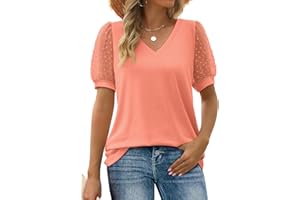 Aokosor T Shirts for Women V Neck Tops Ladies Swiss Dot Puff Sleeve Summer Tee