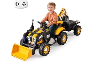 Maxmass Kids Ride on Tractor and Trailer, 12 Battery Powered Ride on Bulldozer with Shovel Bucket, Digger, LED Lights & Music, Children Electric Construction Toy Car for 3+ Years Old (Yellow)