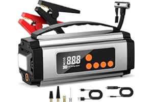 Onherm 7-in-1 Booster Batterie Voiture avec Gonfleur 150PSI, 2000A Demarreur Batterie Voiture pour Jusqu’à 8L Gaz ou 5L Diesel, Booster Moto avec Éclairage LED, Chargeur USB-C et Écran LCD