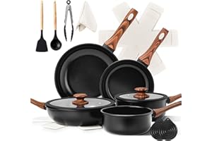 ROVSUN Batterie de Cuisine Induction 17 Pièces, Casserole Induction avec Poignée Bois Anti-Brûlure, Set de Casseroles et Poêles, 5 Casseroles, 2 Couvercles, Tout Feux, Antiadhésive, Noir