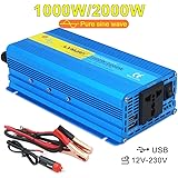 Cantonape Pure Sine Wave Power Inverter 1000W/2000W Peak DC 12V to 230V 240V AC Converter With 2 Usb Ports and Universal Sock