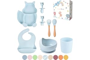 TudoBem Set Pappa Svezzamento [8 pezzi], Piatto con Ventosa per Bambini, Bavaglini Neonato, Posate 6 mesi e Cucchiaio Silicone Neonato, Ciotola Antiscivolo, Kit Bimbo e Bambina Senza BPA (Azzurro)