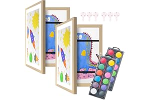 EUKEN - SET 2U. Marco dibujos infantiles A4, set acuarelas para niños de 12 colores de regalo, cuadro infantil para almacenar, almacenamiento 100-150 obras de arte para tus hijos. (2, Madera)