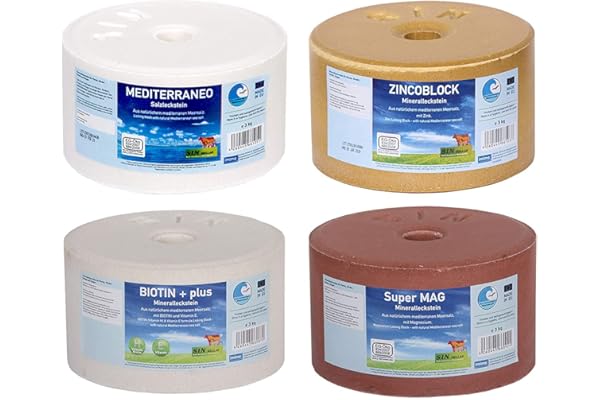 imima Mineral Lick Horse Starter Set with BIOTIN+, ZINCOBLOCK, SUPERMAG, Mediterranean Set de sel à lécher pour Chevaux, Moutons, chèvres et gibier : 4 x 3 kg