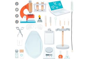 UMU® Set da gioco per bambini in legno con microscopio, provette e altro ancora, giocattolo per giochi di ruolo, set da 29 pezzi, per bambini e bambine da 3, 4, 5 anni
