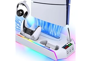 ZRZLMVP PS5/Slim/Pro Cooling Station Stand RGB with Dual Controller Charging Station for PlayStation 5 Console, PS5 Accessories Incl. Controller Charger, Cooling Fan, Headset Holder, 3 USB Hub- White