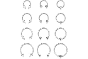 JeweBella 12 Pezzi 16G Piercing Septum Acciaio Chirurgico per Donna Anello Naso Piercing a Ferro di Cavallo Cerchio Orecchini Helix Set Piercing Daith Nostril Labbro Trago 6/8/10/12mm