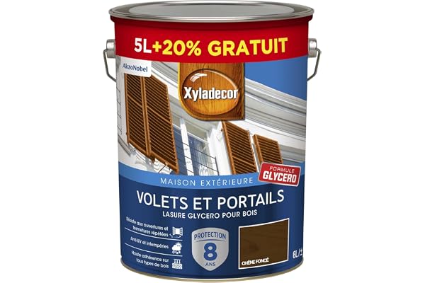 Xyladecor - Lasure Protectrice pour Bois Extérieur Glycéro - Volets, Portails, Portes, Fenêtres - Couleur : Satin Chêne Fonce - Quantité : 5L plus 20% gratuit