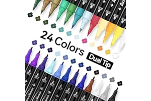 Arrtx 24 Couleurs Marqueur Peinture Acrylique stylos, Marqueurs Acryliques Permanent Feutre Double pointe pinceau et fine pour peinture rupestre, bricolage, céramique, christmas card, toile, bois