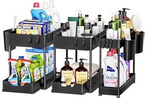 Puricon Lot de 3 Rangement sous Évier Cuisine, 2 Grandes 1 Moyenne Étagère sous Évier Rack à 2 Niveaux avec Tiroirs Amovibles, Étagère Rangement pour Cuisine Salle de Bain -Noir