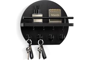 Nekon Key Holder for Wall - 9.8 Inch Apartment Wall Decor with Shelf and 8 Key Hooks, Circular Wood Key Hanger for Home Decor (Black)