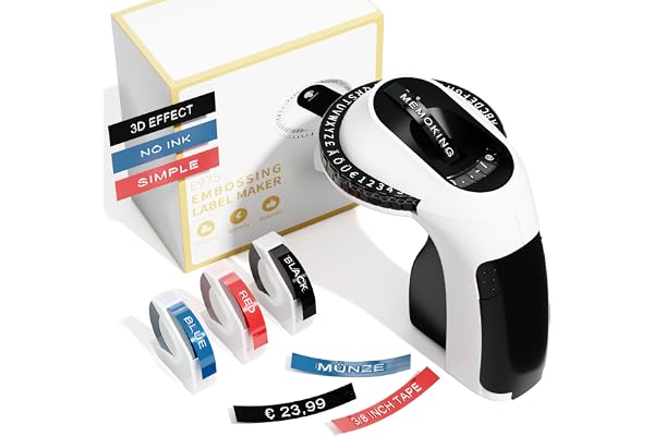 Memoking Étiqueteuse de gaufrage avec 3 Rubans d'étiquettes E975 3D Embossed Label Printer Machine, Labelling Machine, pour la Maison, Le Bricolage et Les travaux manuels, Cadeaux (£/€, Ä, Ö, Ü)