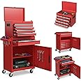 GiantexUK Tool Cabinet, 2 in 1 Lockable Metal Tool Chest with Removable Top Cabinet, Wheels, 5/6 Drawers, Pegboard & Hooks, Heavy-duty Rolling Tool Box Trolley (with Adjustable Shelf, Red)