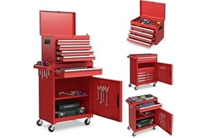 GiantexUK Tool Cabinet, 2 in 1 Lockable Metal Tool Chest with Removable Top Cabinet, Wheels, 5/6 Drawers, Pegboard & Hooks, Heavy-duty Rolling Tool Box Trolley (with Adjustable Shelf, Red)
