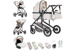 Kakbgee 3 in 1 Pushchair Travel System, Pram Travel System with ECE R129 Car Seat, Height Adjustable Handle Baby Pram, High View Aluminum Frame Baby Stroller for Newborn(22KG, 0-4Yeas)