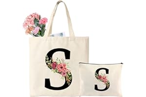 Tarklanda Regalo Donna Iniziali Borsa in Tela, Tote Borsa per Spesa con Iniziale, Shopping Tote con Lettere e Fiori, Personalizzata Regali per Mamma, Amica, Compleanno, Vacanza, Natale (S)