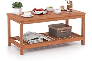 RELAX4LIFE Patio Coffee Table, 2-Tier Outdoor Hardwood Tea Table with Slat Tabletop & Storage Shelf, Rectangle Wooden Side Table for Garden Backyard Poolside