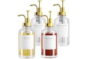 BOLLFO Lot de 4 distributeurs de sirop de café pour accessoires de bar à café, distributeur de pompe à café, bouteille de sirop en verre, distributeur de sirop avec 58 étiquettes, 500 ml