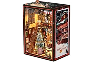 BATTREVO DIY Christmas Shop, kit de Construction Musical avec lumière LED, kit Book Nook pour Adultes, Puzzle en Bois DIY Maison Miniature 3D Maison de poupées, décoration d'étagère, Coin Lecture