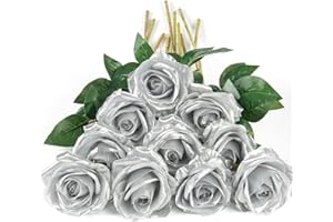 DuHouse 10 Stück künstliche Rosen Seidenblumen Fake Rose 54cm einzelnen Langen Stiel künstlich Blumen Bouquet für Brautstrauß Arrangement Hochzeit Tafelaufsatz Party Haus Küche Dekor(Silber)