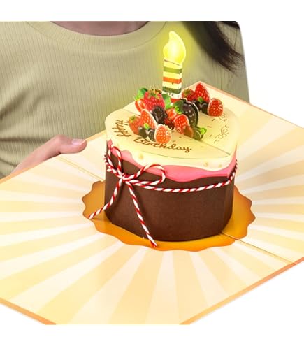 PAOEIOV Happy Birthday Card, Light & Music & Sound Fireworks Cake 3D Pop Up Birthday Gift Greeting Card With Envelope And Note Tag For Women, Men, Kids, Husband, Wife, Mom, Dad, Daughter