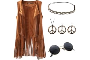 Blisscok Hippie Kostüm Damen,70er Jahre Outfit Damen Hippie Weste Damen Disco Cosplay Karneval Kostüm Damen Halsketten,Ohrringe Kopfring Brillen Karneval Fransenweste Damen