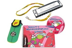 VOGGENREITER Voggy´s Mundharmonika Set Volt-Mundharmonika C-Dur Neopren-Tasche Mundharmonika-Schule Buch CD (diatonisch, Blue Harp, Richter Modell, Metall), silber / bunt