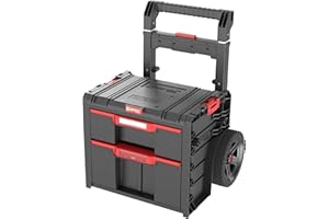 Qbrick System Werkzeugwagen Pro Cart 2.0 Plus Drawer 2 Black Werkzeugtrolley Werkzeugkoffer mit 2 Schubladen Robust Werkzeugkasten Modular