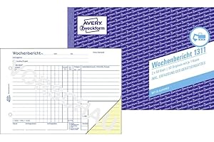 AVERY Zweckform Raport tygodniowy 1311 (A5 poprzeczny, z 2 arkuszami niebieskiego papieru, sprawdzony przez ekspertów prawnych, dla Niemiec/Austrii do tygodniowej dokumentacji wydajności pracy, 2 x 50 arkuszy), biały/żółty
