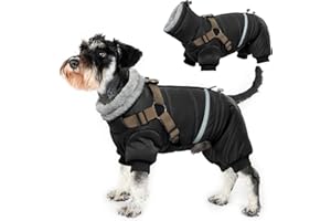PUMYPOREITY Dog Fleece With Legs, Cozy Puffer Jacket Insulated Dog Coat Warm Pullover Winter Apparel Vest Windproof Cold Weather Clothes with Integrated Harness Convenient to Attach Leashes(Black, L)