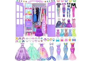 ebuddy 94pcs Doll Clothes and Accessories with Doll Closet for 11.5 inch Fashion Design Kit Girl Doll Dress Up Including Long Princess Dress Outfits and Shoes Handbags Necklaces DIY Bead Stickers