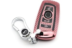M.JVisun Soft Carbon Fiber Finish Car Key Fob Cover For BMW 1 Series 2 3 4 5 6 7 Series 5GT GT3 GT5 X1 X3 X4 M2 M3 M4 M5 M6 Electroplated TPU Case With Metal Keychain - Pink