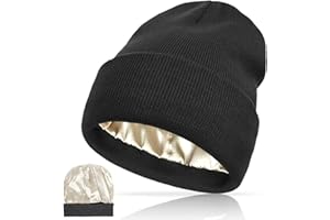 SRUMVOAT Silk Lined Winter Beanie Hat, Satin Lined Beanie Hats for Women, Protect hair, Soft Stretchy Knit Satin Warm Windproof One Size Hat Silk SlouchyBeanie, Gift for Women Daily Outdoor Sports, Black