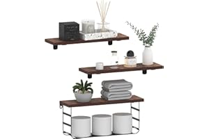 Vasemouh Pływające półki, zestaw 3 sztuk, pływające półki na książki, rustykalne drewniane półki, półki łazienkowe nad toaletą, dekoracja do sypialni, salonu, kuchni, biura (brązowe).