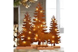 Johiux Weihnachtsdeko Innen Outdoor,5 Stück Metall-Weihnachtsbäume und Rentier mit LED-Lichterkette,Gartenstecker Deko Rehe,Rostige Vintage-Tischdekoration- Weihnachtsdekoration für den Kaminsims.