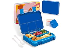 QCQHDU Brotdose Kinder mit 5 Fächern - Lunchbox mit Unterteilungen,1300ml Bento Box für Schule,Kindergarten,Outdoor | Leckdicht, Spülmaschinenfest, BPA-Frei,Essensdose mit Essbesteck（Blau.）