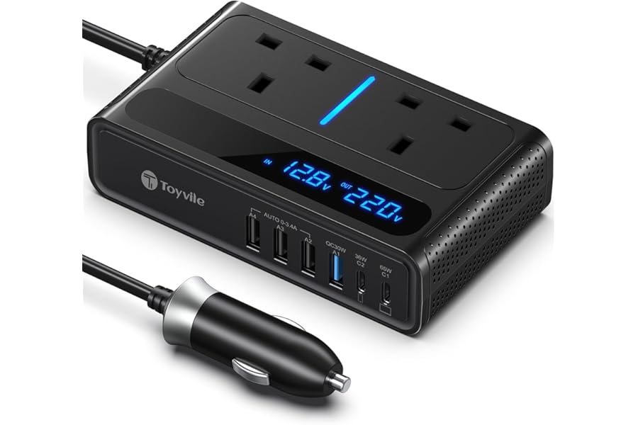 8 in 1 200W Car Power Inverter 12V to 240V / 230V with 2 Sockets, 4 USB Ports and 2 Type-C Ports,Fast Charging Car Voltage Converter Inverter,with Cigarette Lighter Plug,Suitable for Laptops, iPads