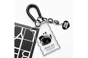 runrayay Acrylic KPOP Photocard Holder, Keychain Clear Black Cat ID Badge Holder with Keychain Student Bus Card Pendant Keychain Badge Reel Stationery for Back to School - A