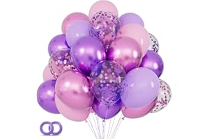 HYKJNBW 68 Pcs Pink and Purple Balloons, 12 Inch Confetti Balloon, Metallic Purple Pink Latex Balloon with Ribbon, Party Balloons for Girls Birthday Baby Shower Wedding Party Decorations