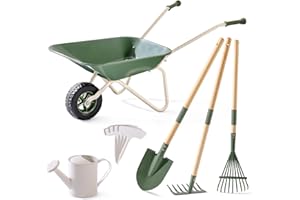 ROBUD Kids Wheelbarrow with Gardening Tools Set, Metal Wheelbarrow with Long Shovel, Hoe, Rake, Watering Can & Plant Labels, Kid Garden Tools Kit, Outdoor Gifts Toys for Girls Boys Age 3-14, Green
