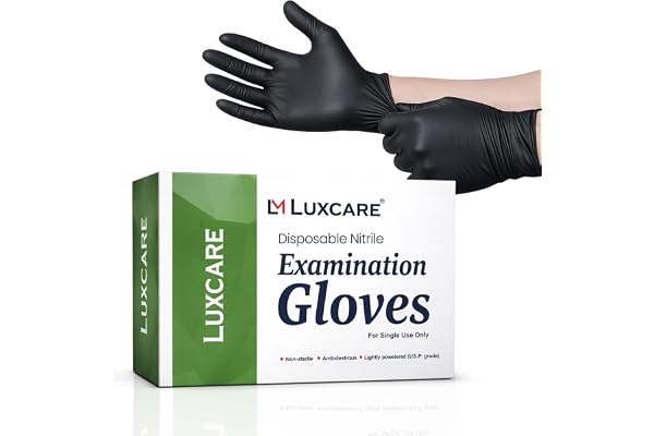 LUXCARE Black Nitrile Examination Gloves Medium (100 pcs) Powder-Free, Latex-Free, Non-Sterile Disposable Food Grade, Tear-Resistant, Ambidextrous, Touchscreen Compatible