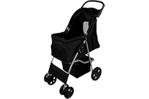 MONSTER SHOP Pet Stroller Pushchair Black Carrier Foldable Trolley Travel Cart 15kg Capacity 4 Wheels Brakes Cat Dog Safety Snap Hook Leash Cushion Canopy Mesh Windows Basket Cup Holders FREE Waterproof Rain Cover